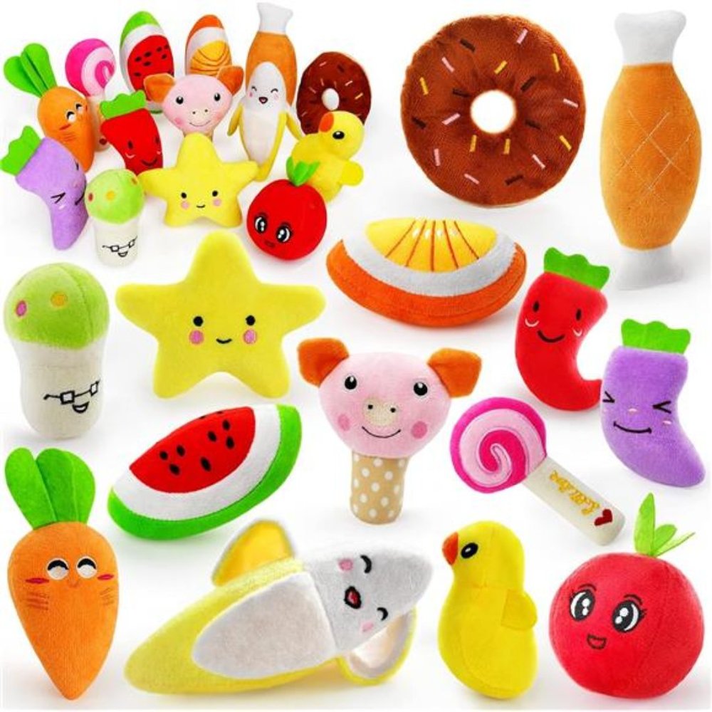 14Pack Dog Squeaky Toys Cute Stuffed Plush Fruits Snacks and Vegetables Dog Toys